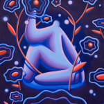 painting by Jocelyn Tsaih of a light purple figure sitting surrounded by red and blue flowers with a dark purple background