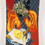 Ceramic sculpture of a black playing card with two arms with lobster claw shaped oven mittens holding a bouquet of chamomile flowers and the other holding a plate of butter that is shaped like a skull and two small knives.