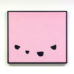 Stuart Pittman's painting if four black shapes on a pink background