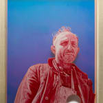 painting of a man in pink over a blue background