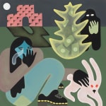 painting by Austin Elfio Montanari depicting a person crying while petting a bunny