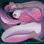 Corey K Lamb - painting of a woman in nudity crouching and kneeling on the floor holding a baby in her arms, the background is dark green in contrast to the pink tone body.
