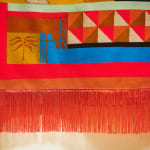 Two tapestries with paintings of two topless woman wearing colorful patterned pants, cowboy hats, eye masks and boxing gloves. One is taking a swing at the others faces.