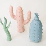 Jen Dwyer porcelain sculptures of stylized pastel cactii (light blue, pale green and light pink)