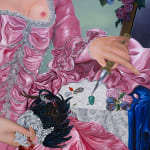 Oil painting of a woman's torso in an elaborate dress with her breast exposed. She is holding a rooster in one hand and a small dagger in the other by Sabrina Bockler