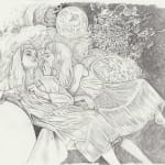 Drawing of two women, one whispering in the others ear. There is a moon in the background