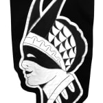 embroidered black and white banner of a person side profile wearing a mask