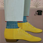 painting of a persons feet with yellow shoes on and dress pants with a dusty mauve background and a phone