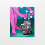 Corey K. Lamb - decapitated head upside down as vase, tended by pink female figure arranging flowers