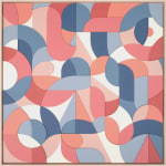 pink, blue, and white wooden relief piece featuring many smaller pieces in a light wood frame