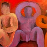 Carlos Rodriguez - painting of three faceless nude men sitting side by side. Two on the side have their hand rested in front of their chest, while the one in between has his arms lifted above his head. The general tone of the painting is warm and in shades of orange besides the skin tone of the man in the middle with parts of purple shades.