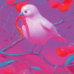 painting of a white bird perched on a thin branch with a pink and orange worm in its beak, surrounded by multicolor cherries by Megan Ellen MacDonald