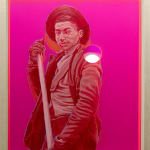 boy in work clothes and shovel painted in pink
