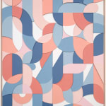 Framed multicolor wood relief sculptural piece made up of spiral shapes and curves by artist Scott Albrecht