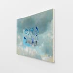Painting of a clouds on a blue sky with an abstract blue figure in the foreground