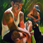 painting of two men squatting and sitting in a yard with a black cat by Jean-Paul Mallozzi