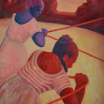 painting by genevieve cohn depicting two women wearing patterned dresses hunched over, gripping a bright red rope tightly in an open plain
