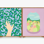 two part piece on a hinge, on the right a painting of a vase with a scene on it, and on the left a hand in a field of circles