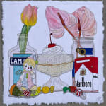 painting of ice cream sunday, cigarettes, doll, candy and bottles with flowers