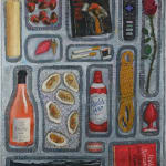 Paul Gagner painting of a TV dinner tray filled with romantic and sexual items such as a bottle of wine, whipped cream and a butt plug