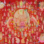 fantastical painting of a pigs head and a large variety of small creatures surrounding the head by Mu Pan