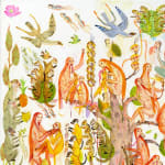 Detail shot of a painting by Mu Pan of creatures, animals and human hybrids eating, sleeping, killing, flying and climbing