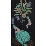 Oona Brangam-Snell hand-woven embroidery of large frog, flowers and fairy like women