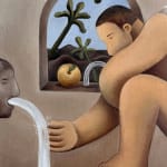 Painting of a nude male figure with his foot up and a stream of water