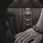 Painting in grey scale of a ghost hand resting on a table next to a lamp and a portrait