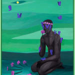 Corey K. Lamb - male figure kneeling in grass surrounded by flowers and butterflies