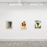 Installation view of The Jaunt: Winter Camp at Hashimoto Contemporary San Francisco. From left to right: Seonna Hong's painting "Investigations," Genevieve Cohn's painting "We Sow a Softness," and Bianca Nemelc's painting "Flower in Breeze."