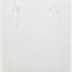 Didi Rojas woven painting of clean lace weaving w 2 bows at top, long laces