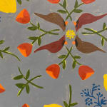 Natalia Juncadella painting of coffee cup and plants on background with birds and lemons detail