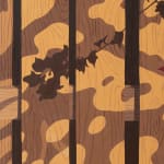 Detail of Natalia Juncadella painting of wooden fence with shadows cast over it and orchid