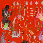 Detail shot of a painting by Mu Pan of creatures, animals and human hybrids eating, sleeping, killing, flying and climbing