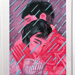 David Heo collage of two pink figured holding each other in the rain