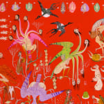 Detail shot of a painting by Mu Pan of creatures, animals and human hybrids eating, sleeping, killing, flying and climbing