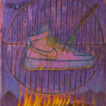 Paul Gagner painting of a Nike sneaker roasting on a metal grate over an open flame