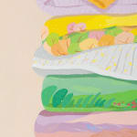 Danym Kwon painting of stacked folded sheets with patterns, trees, florals, etc