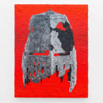Andrew Schoultz - painting of medieval helmet on deep red background