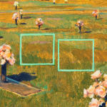 Painting of a cemetery with flowers on the ground on top of each plot. Two bright green squares are off center.