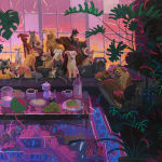 painting of a large number of dogs seated in a large wall of windows, surrounded by lush plants and a table full of food by Nicholas Bono Kennedy