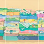 Painting by Danym Kwon of piles of laundry folded with small scenes hidden in the clothing with a light orange background