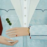 Painting by Angela Burson of a person in a blue suit holding a martini