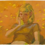 Painting of a woman with short blonde hair holding a tissue to her nose, she is wearing a cropped gray t-shirt