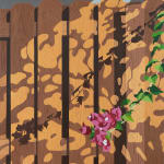 Natalia Juncadella painting of wooden fence with shadows cast over it and orchid