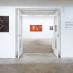 installation view of Adrian Kay Wong's exhibition "Same Time, Same Place," at Hashimoto Contemporary, San Francisco. Outside the gallery, installed to the left is the painting "Slow Lane." Inside the gallery, the paintings "Distance," and "Teacup" are visible beyond the gallery doors.
