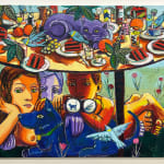 Painting of three people and a dog sitting under a table with a bunch of food on it including plates with slices of cake, fruit and a sleeping cat.