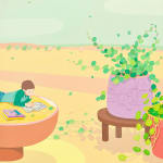 Danym Kwon - painting of vases, plants with back ground of low saturated green sky and yellow landscape. A person laying on a bowl of noodle reading; two potted plants