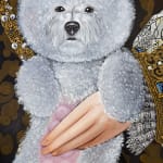 Detail photograph of the small fluffy white dog with a hand on its stomach by Sabrina Bockler